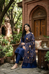 Blue Kashmiri Aari Embroidered Wool Shawl CraftKashmir