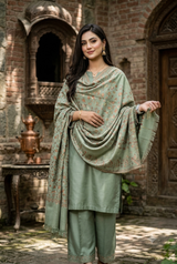 Light Green Kashmiri Zari Kani Wool Shawl CraftKashmir