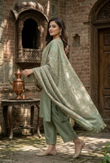 Light Green Kashmiri Zari Kani Wool Shawl CraftKashmir