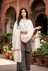 White Kashmiri Sozni Wool Shawl with Hand Embroidery CraftKashmir