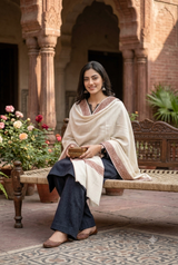 White Kashmiri Sozni Wool Shawl with Hand Embroidery CraftKashmir