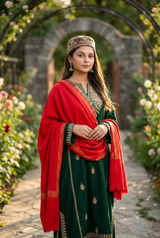 Red Kashmiri Sozni Wool Shawl with Hand Embroidery CraftKashmir