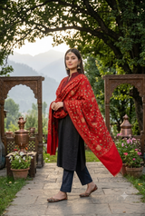 Red Aari Work Semi Pashmina Kashmiri Shawl CraftKashmir