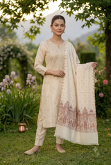 White Kani Weaving Kashmiri Wool Shawl with Designer Barat Pattern CraftKashmir