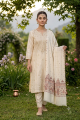 White Kani Weaving Kashmiri Wool Shawl with Designer Barat Pattern CraftKashmir