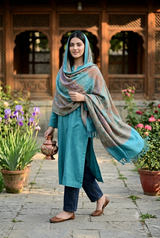 Blue Jamawar Kashmiri Wool Shawl with Aari Work CraftKashmir