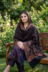 Black Kashmiri Kani Work Wool Shawl with Designer Barat Pattern CraftKashmir