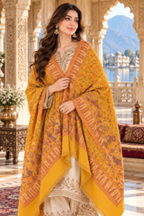 Mustard Kashmiri Kani Work Wool Shawl with Designer Barat Pattern CraftKashmir