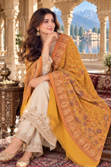 Mustard Kashmiri Kani Work Wool Shawl with Designer Barat Pattern CraftKashmir