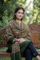 Green Kashmiri Wool Shawl with Heavy Jaal & Aari Machine Work CraftKashmir