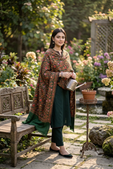 Green Kashmiri Wool Shawl with Heavy Jaal & Aari Machine Work CraftKashmir
