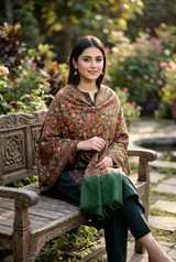 Green Kashmiri Wool Shawl with Heavy Jaal & Aari Machine Work CraftKashmir