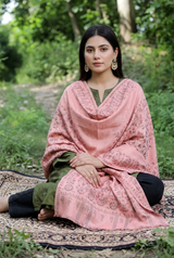 Pink Kashmiri Zari Kani Wool Shawl with Light Green Detailing CraftKashmir