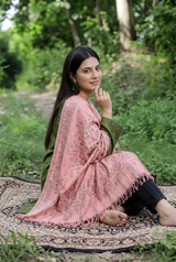 Pink Kashmiri Zari Kani Wool Shawl with Light Green Detailing CraftKashmir