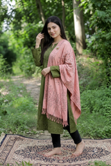 Pink Kashmiri Zari Kani Wool Shawl with Light Green Detailing CraftKashmir