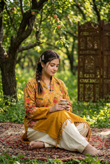 Mustard Kashmiri woolen kurti with floral embroidery for women