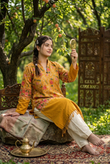 Mustard woolen kurti with traditional Kashmiri embroidery worn by a model