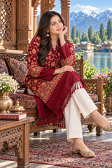 Maroon Kashmiri Embroidered Woolen Kurti – Traditional Ethnic Winter Wear CraftKashmir