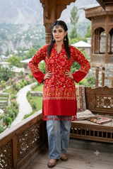 Red Kashmiri Embroidered Woolen Kurti – Floral Jaal Design CraftKashmir