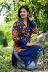 Deep blue Kashmiri woolen kurti with floral embroidery