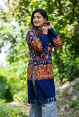 Blue embroidered woolen kurti for women in traditional Kashmiri style