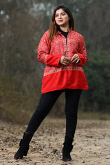 Kashmiri aari red Jacket - CraftKashmir