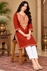 Rust red kurti with peach orange and cream floral embroidery
