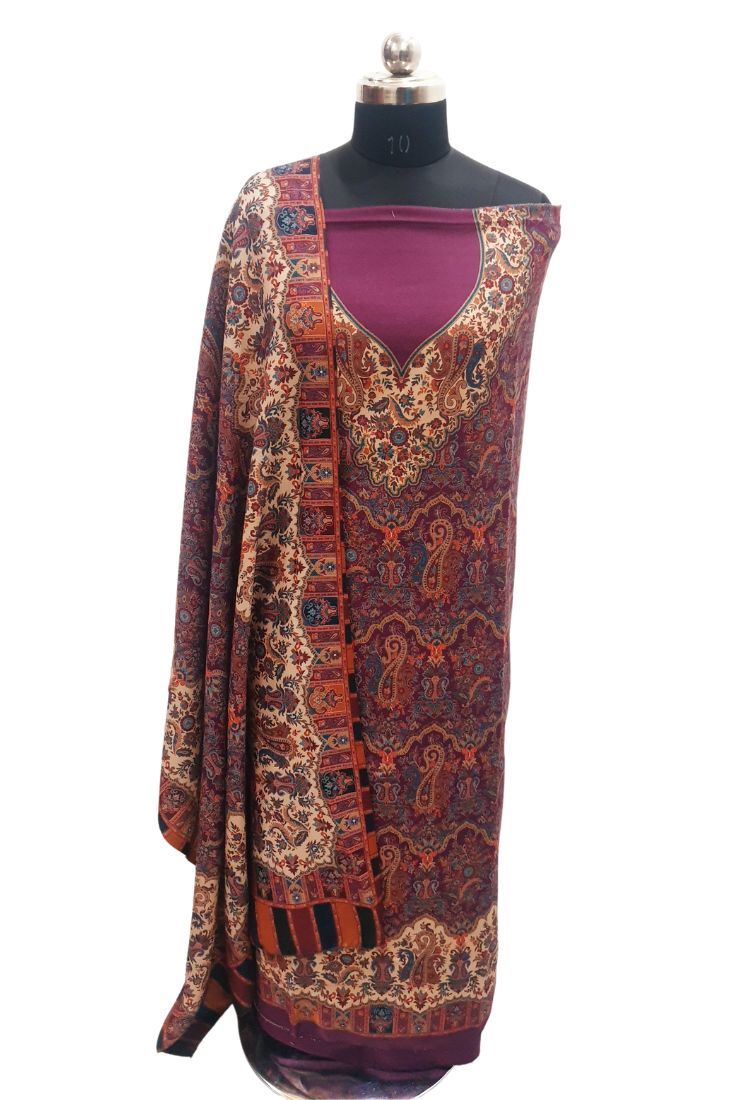 Wine colour woollen salwar kameez With Stole All Over Kaani Print