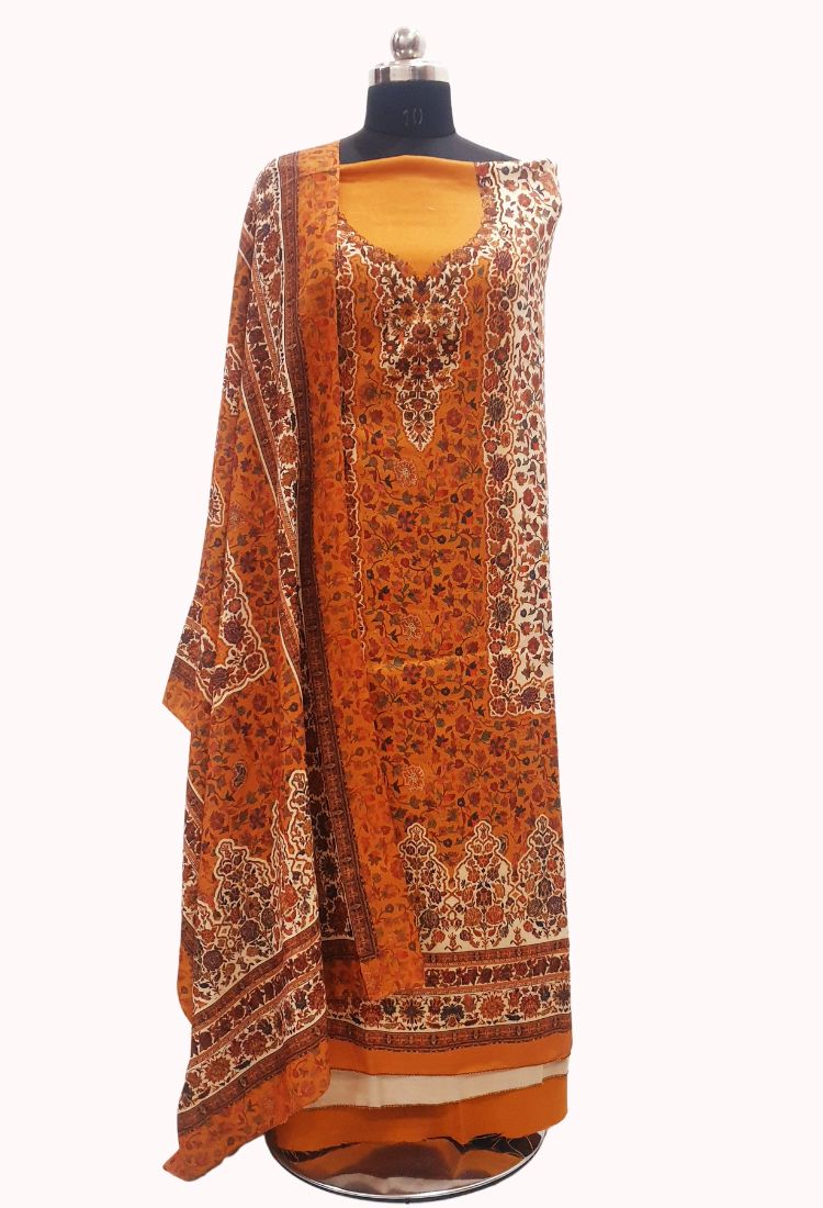 Mustard colour  woollen salwar kameez With Stole All Over Kaani Print