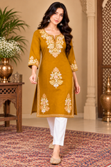 Mustard yellow Kashmiri kurti with cream floral embroidery on neckline, sleeves and front
