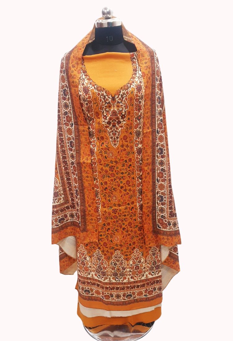 Mustard colour  woollen salwar kameez With Stole All Over Kaani Print