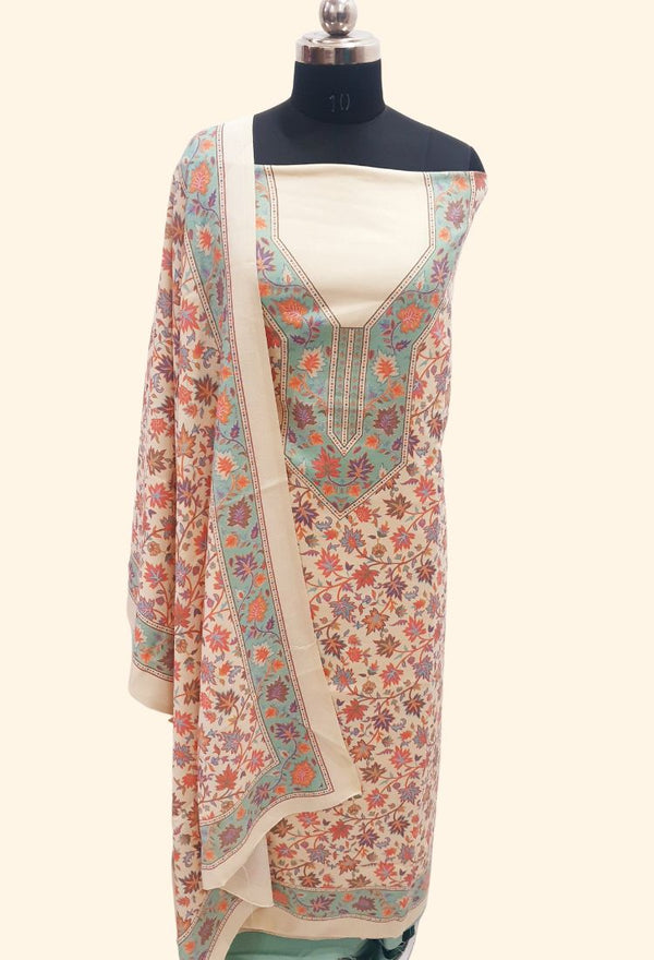 Blue colour woollen salwar kameez With Stole All Over Kaani Print