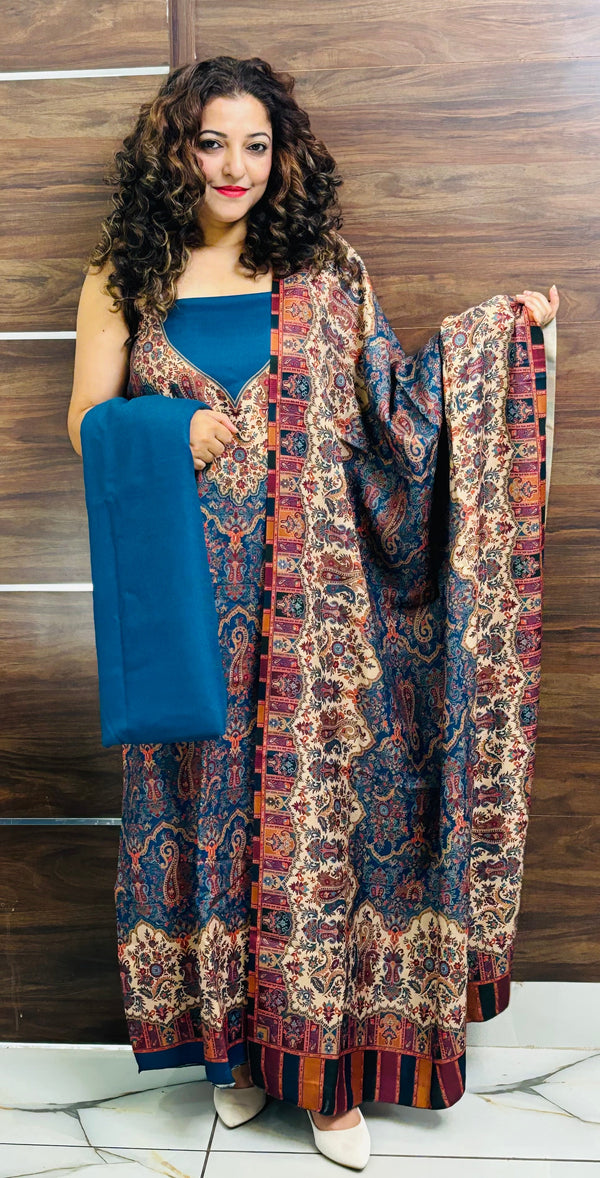 Blue colour woollen salwar kameez With Stole All Over Kaani Print CraftKashmir