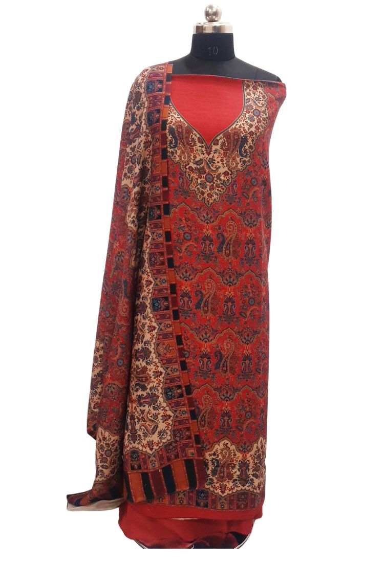 Rust colour woollen salwar kameez With Stole All Over Kaani Print