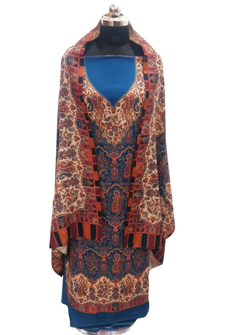 Blue colour woollen salwar kameez With Stole All Over Kaani Print