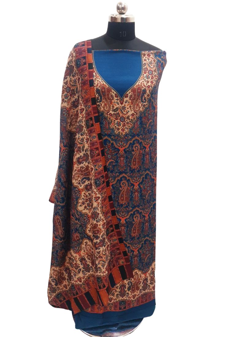 Blue colour woollen salwar kameez With Stole All Over Kaani Print