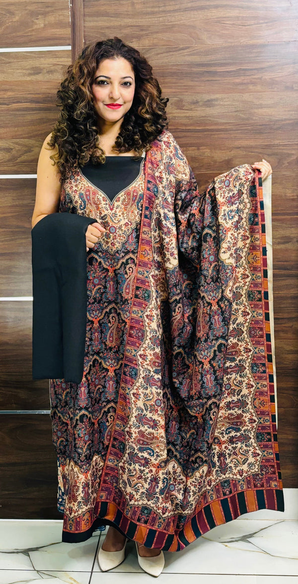 Black colour woollen salwar kameez With Stole All Over Kaani Print CraftKashmir