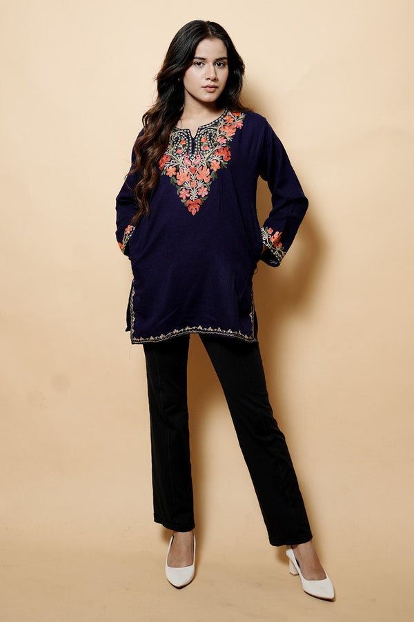 Navy Blue Colour Aari Work Kurti CraftKashmir