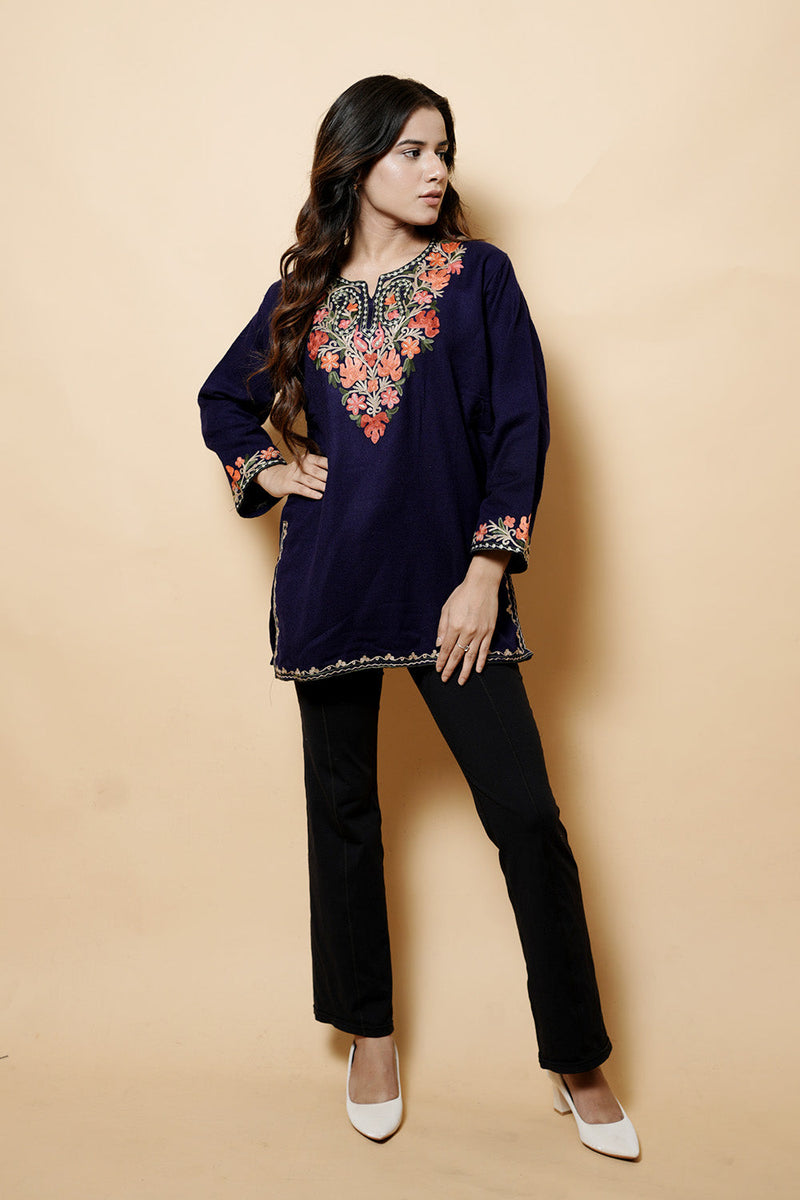 Navy Blue Colour Aari Work Kurti CraftKashmir