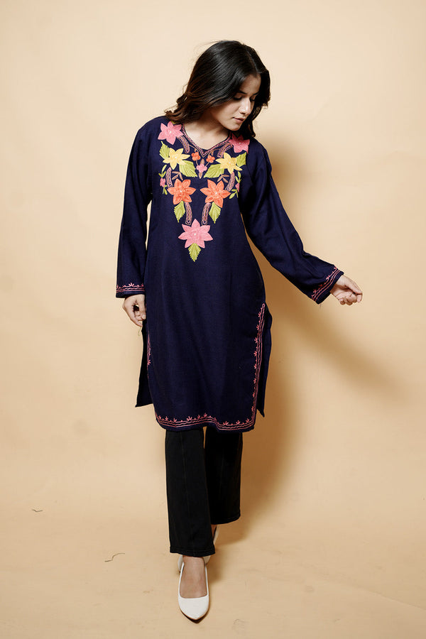 Navy Blue Colour Aari Work Woolen Kurti CraftKashmir