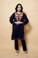 Navy Blue Colour Aari Work Woolen Kurti CraftKashmir