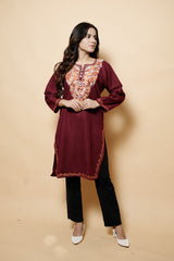 Maroon Colour Aari Work Woolen Kashmiri Kurti CraftKashmir