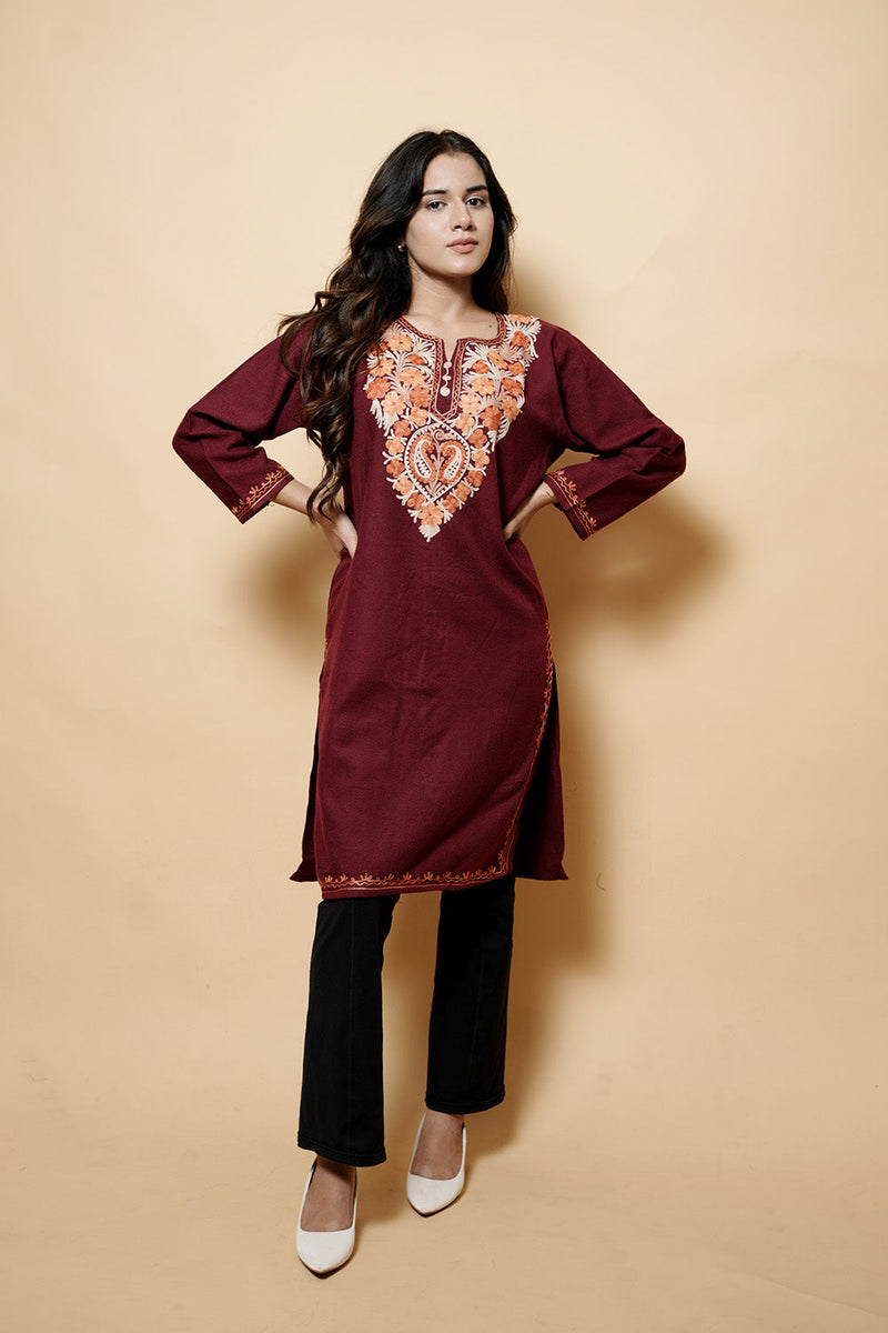Maroon Colour Aari Work Woolen Kashmiri Kurti CraftKashmir