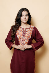 Maroon Colour Aari Work Woolen Kashmiri Kurti CraftKashmir