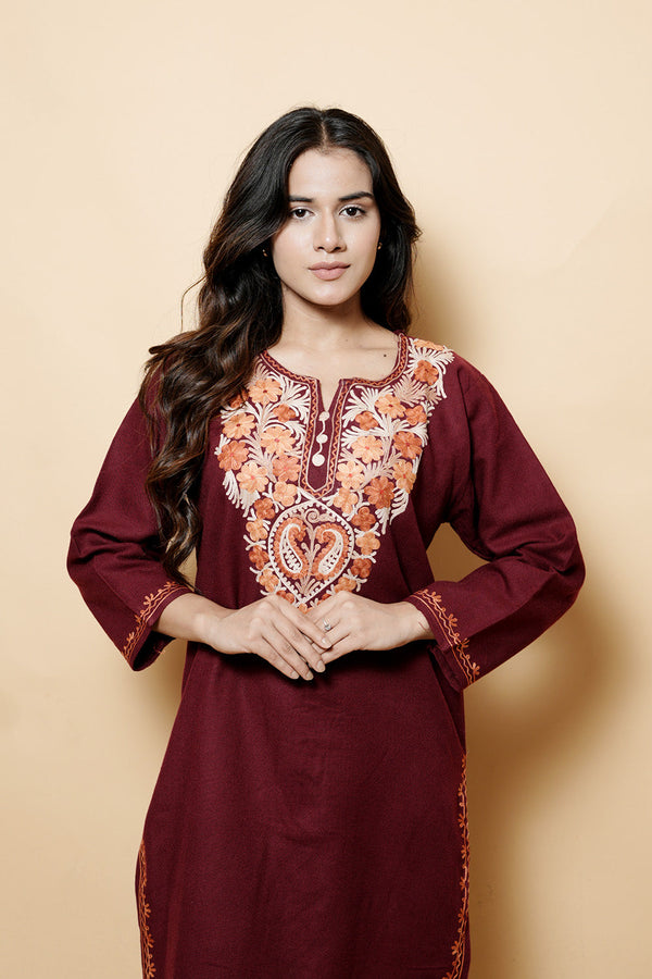 Maroon Colour Aari Work Woolen Kashmiri Kurti CraftKashmir