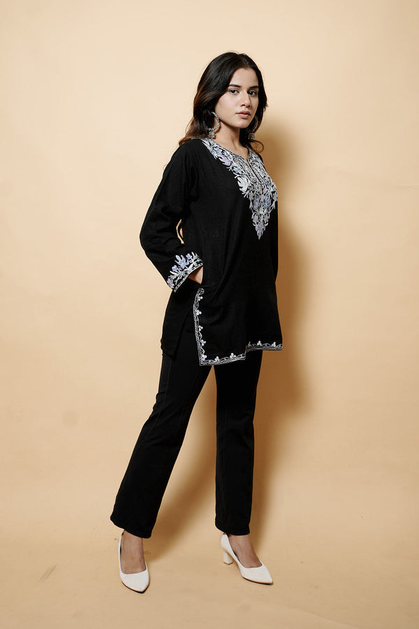 Black Colour Aari  Tilla Work Woolen Kashmiri Kurti CraftKashmir