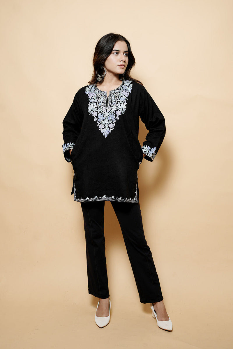 Black Colour Aari  Tilla Work Woolen Kashmiri Kurti CraftKashmir