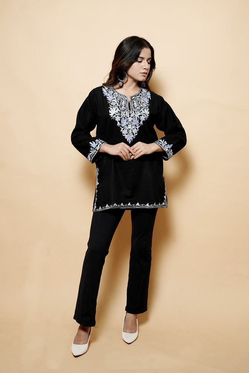 Black Colour Aari  Tilla Work Woolen Kashmiri Kurti CraftKashmir