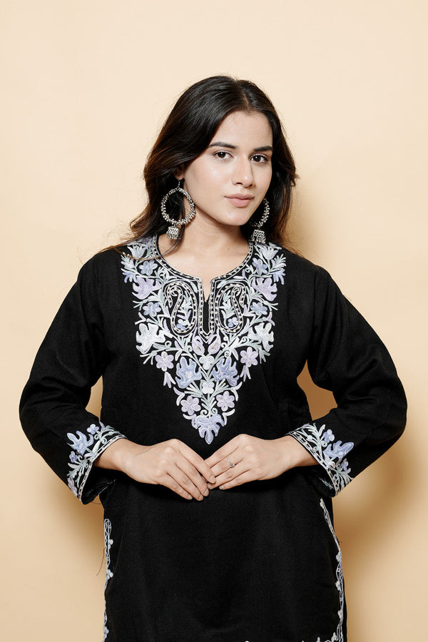 Black Colour Aari  Tilla Work Woolen Kashmiri Kurti CraftKashmir