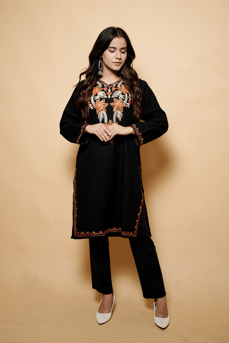 Black Colour Aari Work Woolen Kashmiri Kurti CraftKashmir